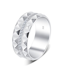 Serrated Pattern Shaped CZ Crystal Silver Ring NSR-4094